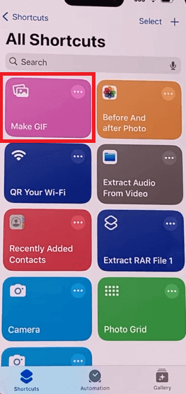 Elige el acceso directo «Crear GIF»