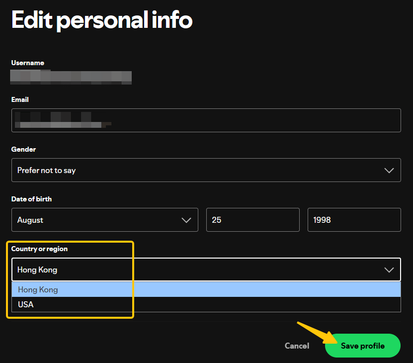 Spotifyであなたの国を更新してください