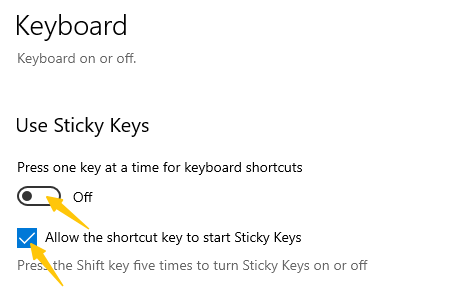 Windows 10で固定キーを無効にする