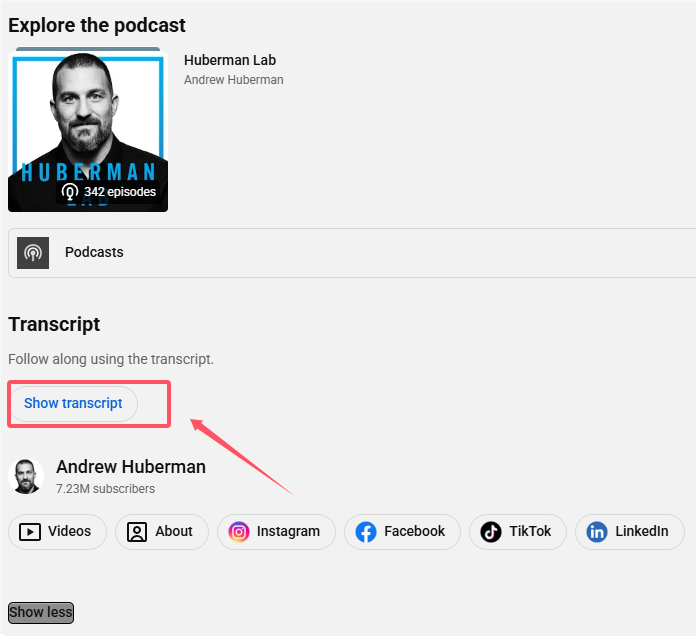 Click the Show transcript button