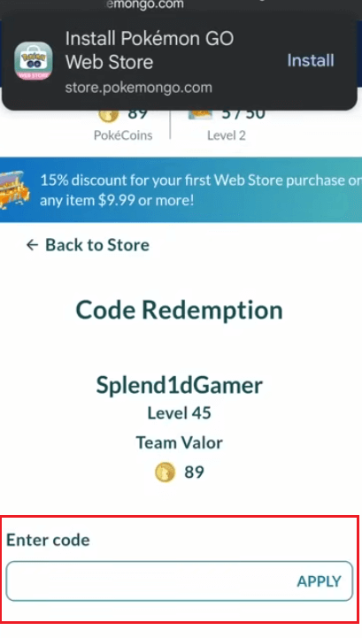 ポケモンGO プロモーションコードを入力し「適用」ボタンを押す