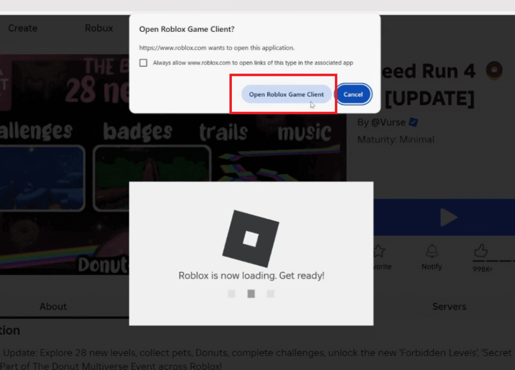 「Robloxゲームクライアントを開く」を選択