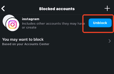 ブロックされたインスタグラムアカウントの横にある「ブロック解除」をタップ